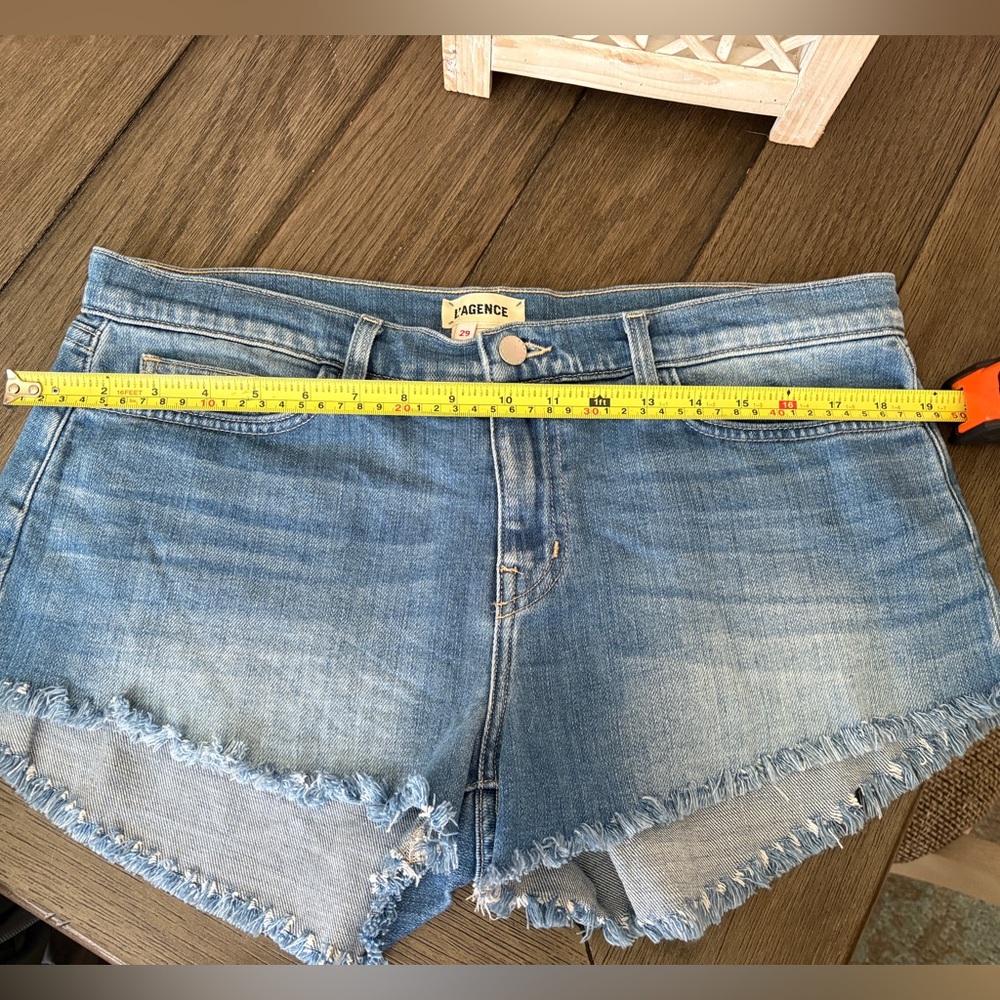 L'AGENCE Light Blue Frayed Hem Jean Shorts